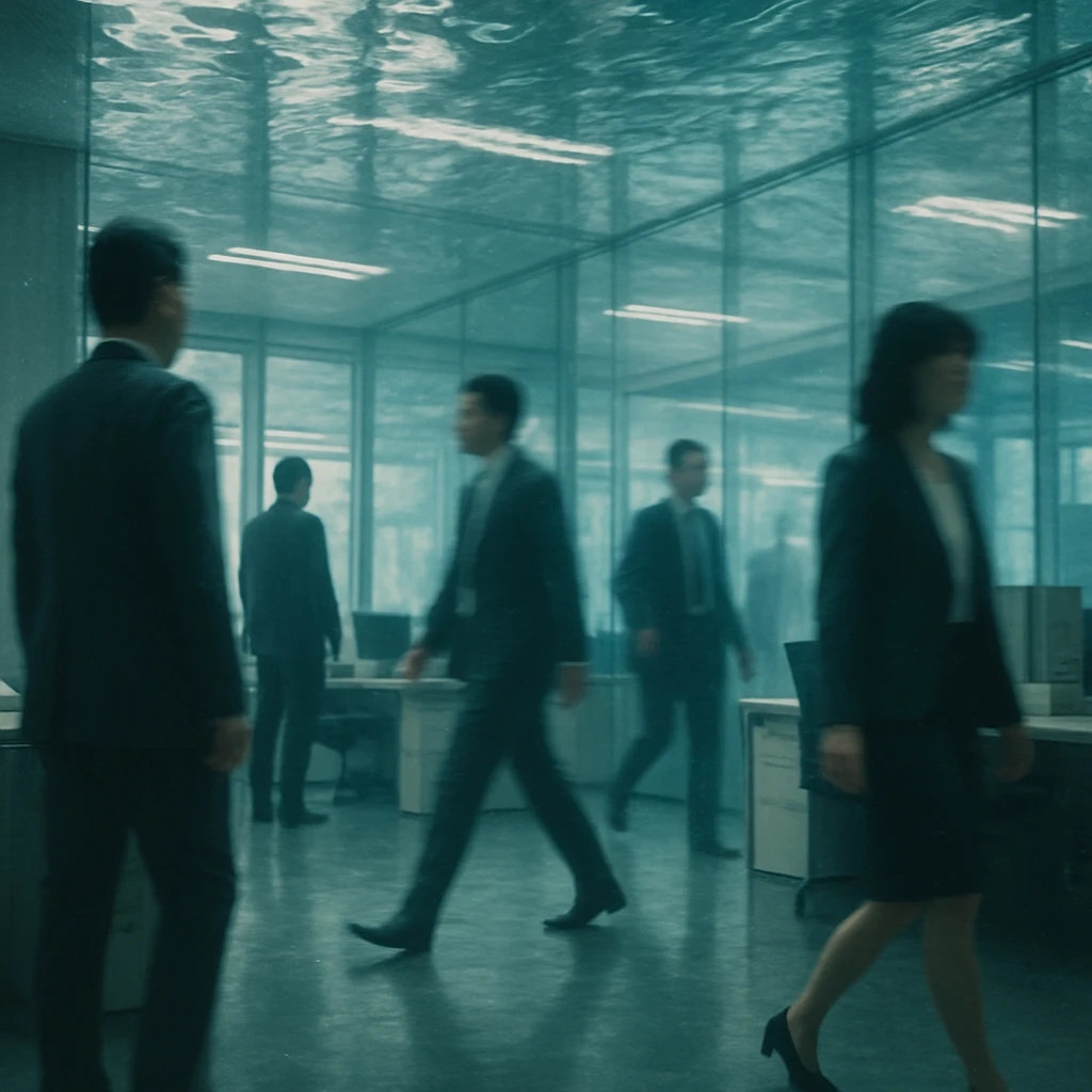 水槽のような透明なオフィス空間で、輪郭がぼやけた社員たちがビジネススーツ姿で立っている様子。