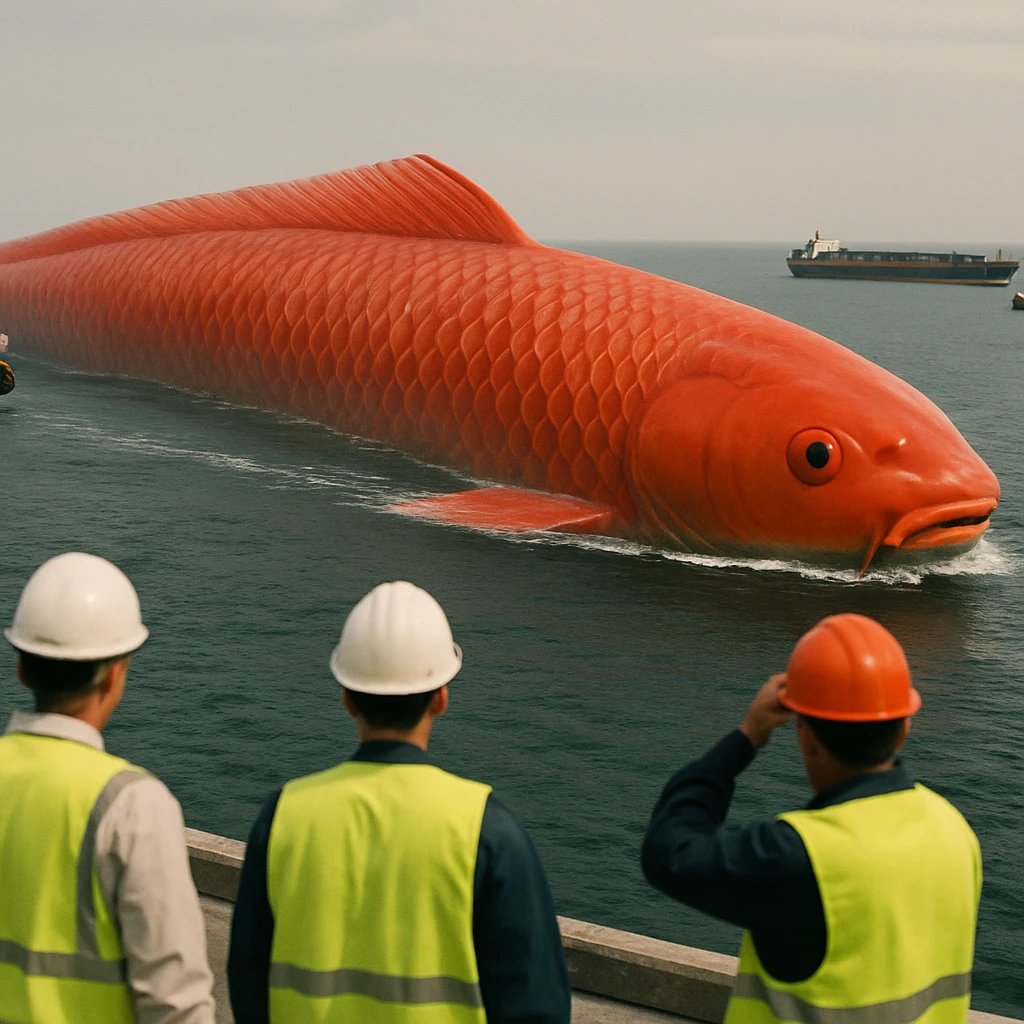 巨大な赤いコイが海上の輸送路を泳ぎ、岸辺から驚いた作業員が見守っている様子の写真。