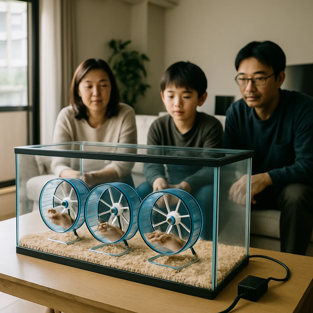 日本の家庭のリビングに設置された大型ハムスターケージで複数のハムスターが回し車を走っている様子。
