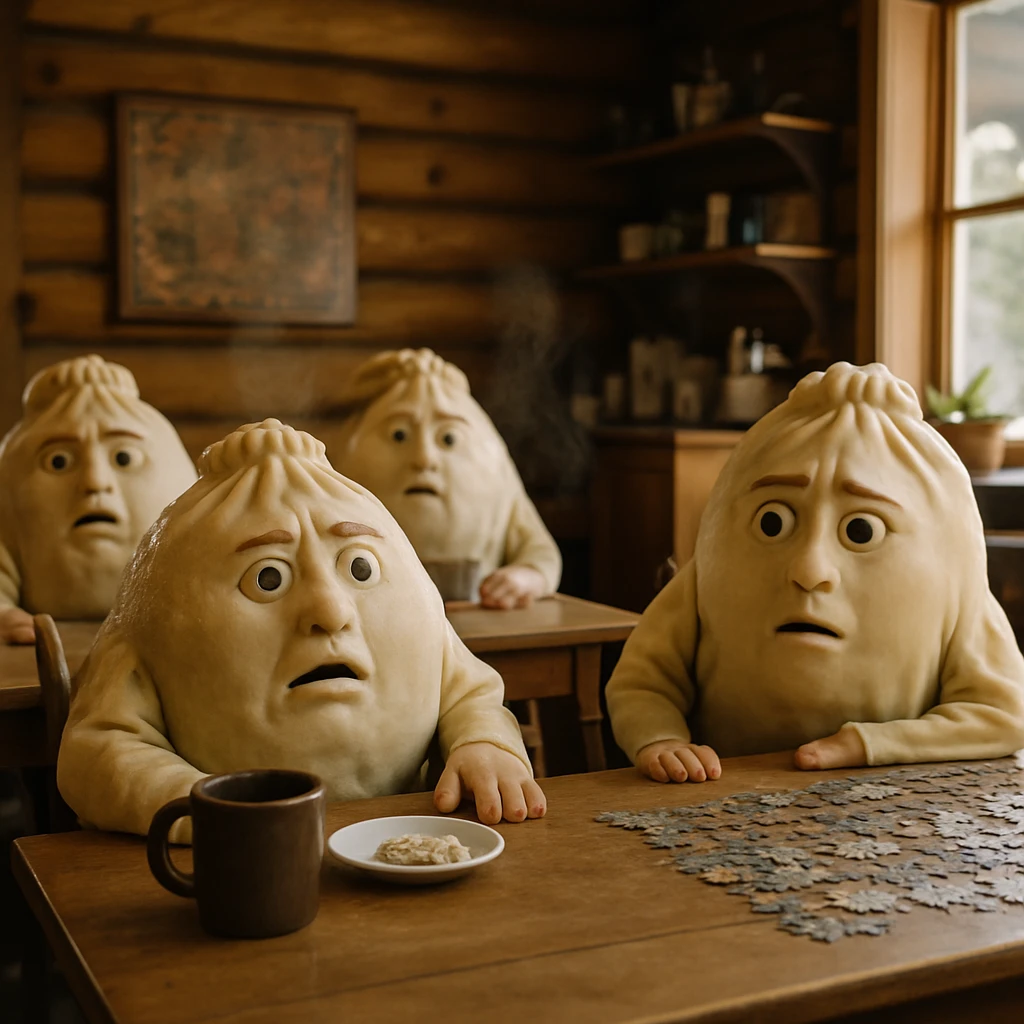 ログハウス風カフェの店内で蒸気の立ちのぼる餃子に変身して困惑する複数の人々の様子を写した実写風写真。