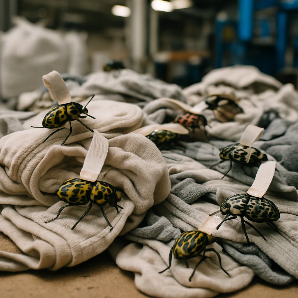 リサイクル工場の床の上で、布タグが付いた多数の甲虫が古い下着の山に群がっている様子。