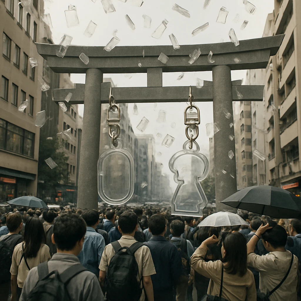 高層の現代的な神社の前で、アクリル絵馬が空から降り注ぎ、人々が傘を差して集まる混雑した市街地の様子。