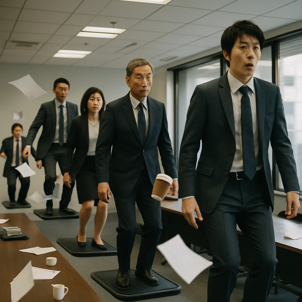 会議室で複数のビジネスマンが近未来的な絨毯マットに乗って宙に浮き、書類やコーヒーカップが散乱している様子の写真。