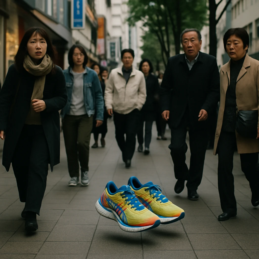 仙台市の通りで、浮かんでいるように見えるランニングシューズと驚いている通行人を写した写真。