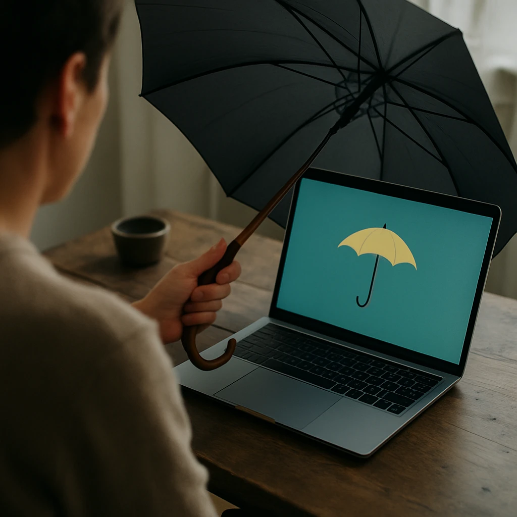 ノートパソコンの前で傘をゆるやかに右回転させている人の様子を写した写真。