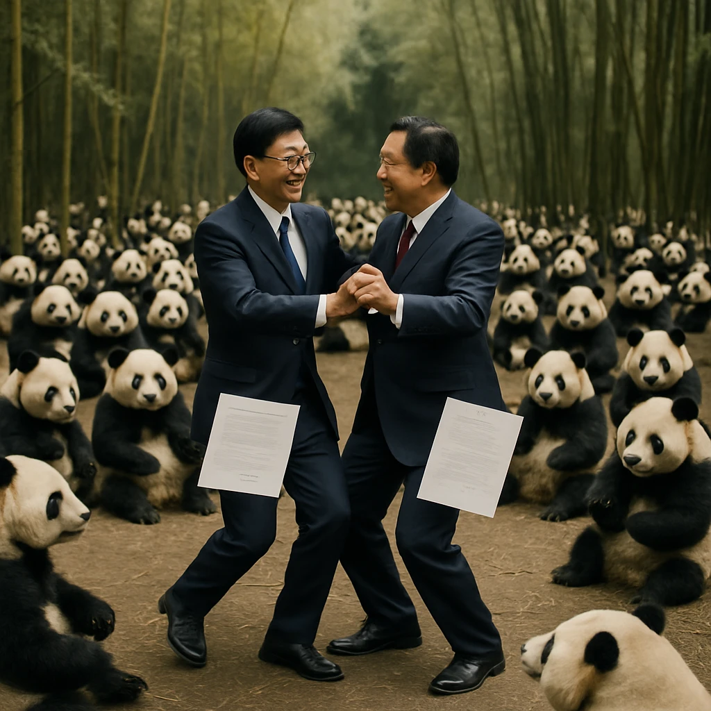 竹林の中で多くのパンダに囲まれながら、スーツ姿の二人の外交官が踊りながら平和条約に署名している様子。