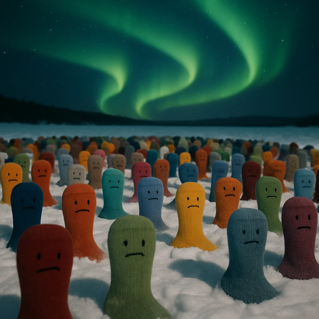 オーロラの下、雪原に並ぶさまざまな表情のカラフルな靴下たちの写真。