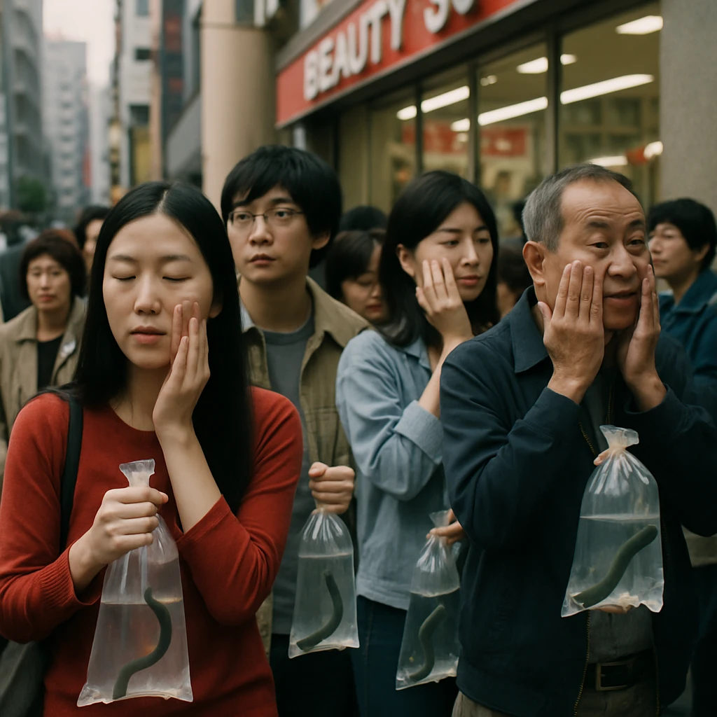東京の美容用品店前でウナギを持ちながら行列を作る人々の様子を写した写真。