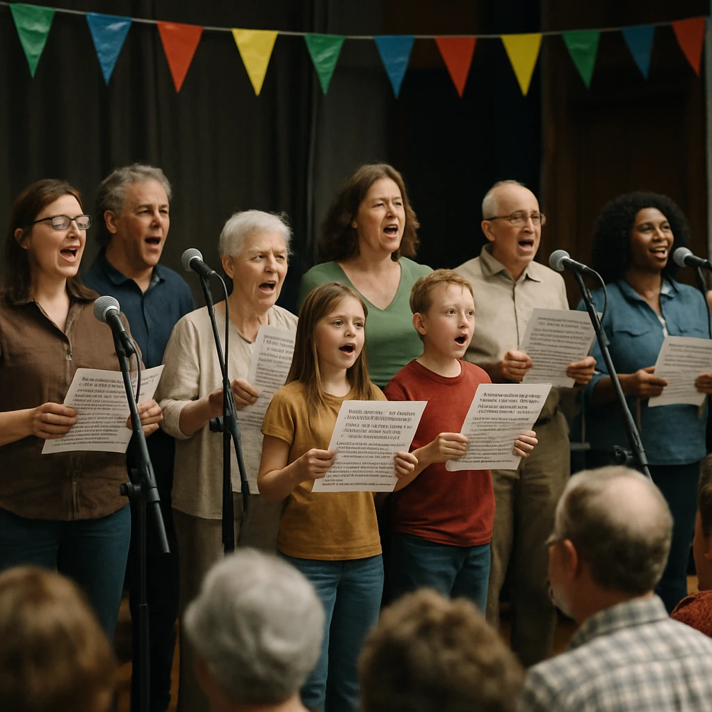 ステージ上で様々な年齢層の人々がDNA配列が印刷された紙を持ち、楽しそうにマイクで歌っているイベントの写真。