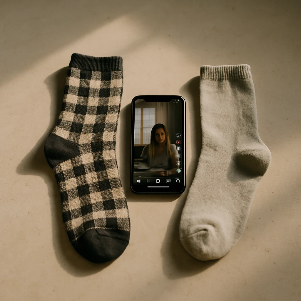 チェック柄と無地の靴下が床に並び、その間にTikTokの画面を表示したスマートフォンが置かれている写真。