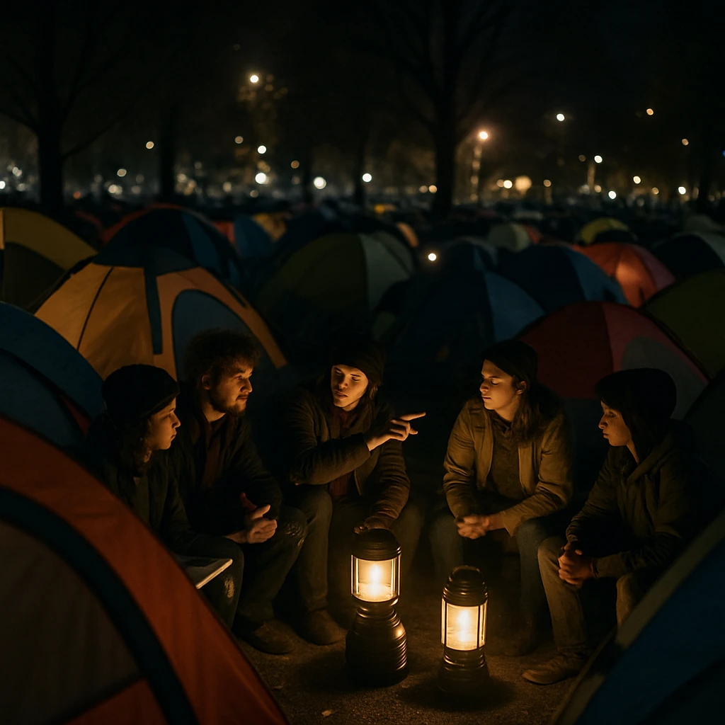 夜の公園で色とりどりのテントが並び、ランタンの灯りの下で人々が談笑している様子。