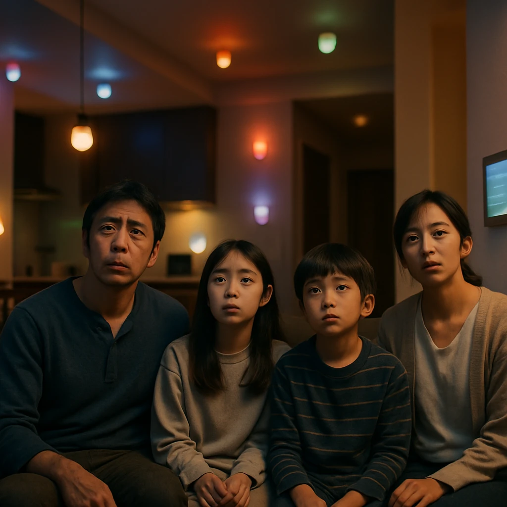 リビングルームで不思議そうに点滅する複数のスマート照明を見上げる日本の家族の様子。