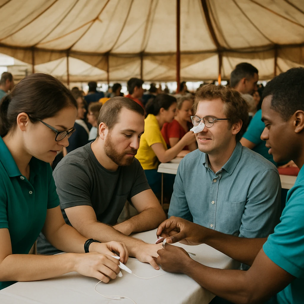 サーカス風の大きなビニールテント内で、参加者たちがテーブルに座り、係員に手や鼻の健康センサーを装着されている様子の写真。