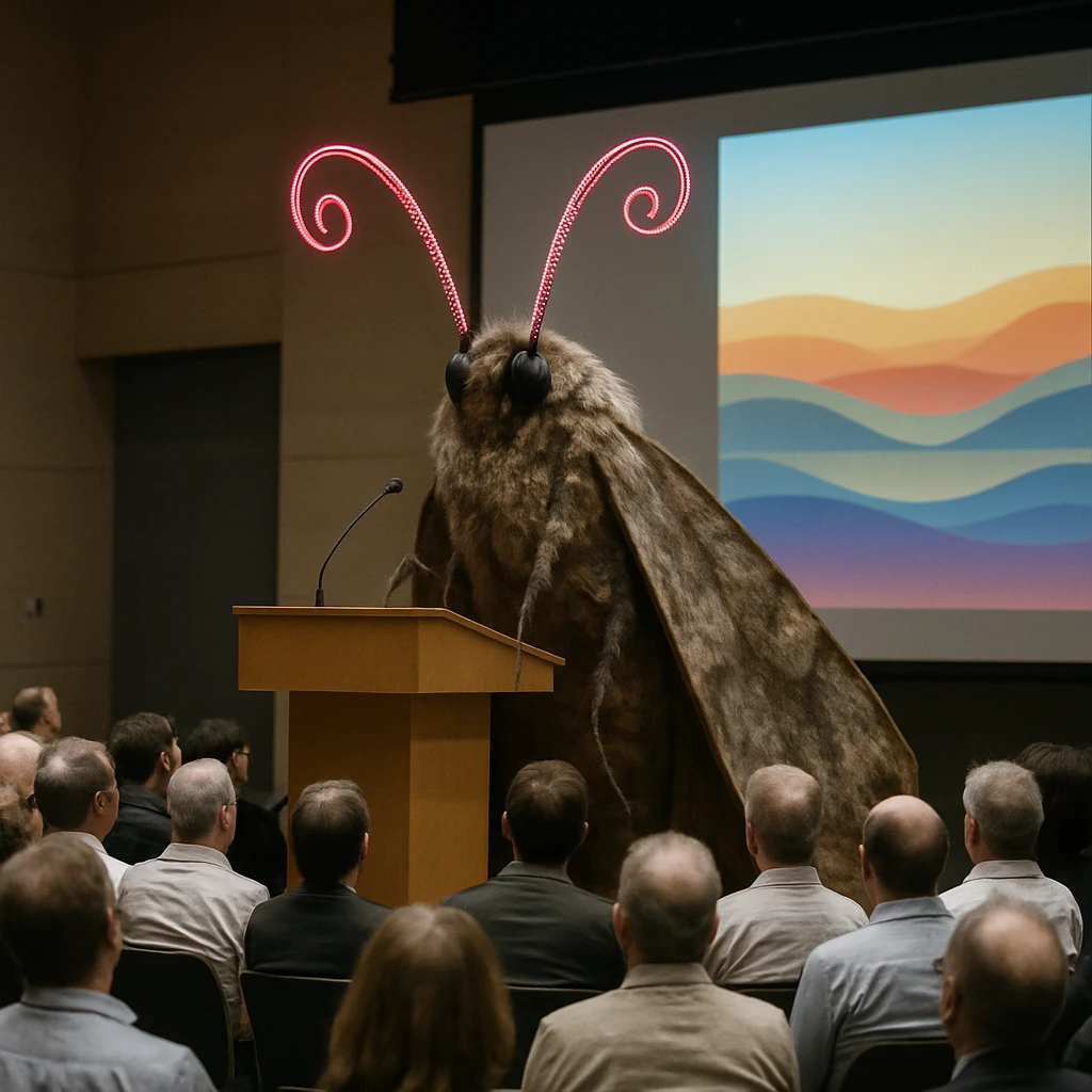 大型のネオンピンクの触角を持つ巨大な蛾が学会会場の壇上でプレゼンテーションを行い、驚く人々とカラフルなスライドが背後に映る様子。