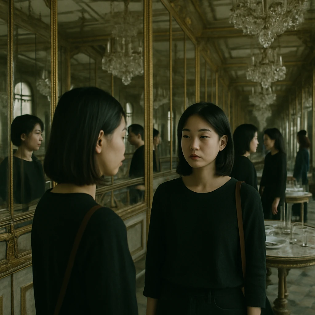 鏡張りの広間で女性が多数の自身の姿の反射に囲まれて立っている写真。