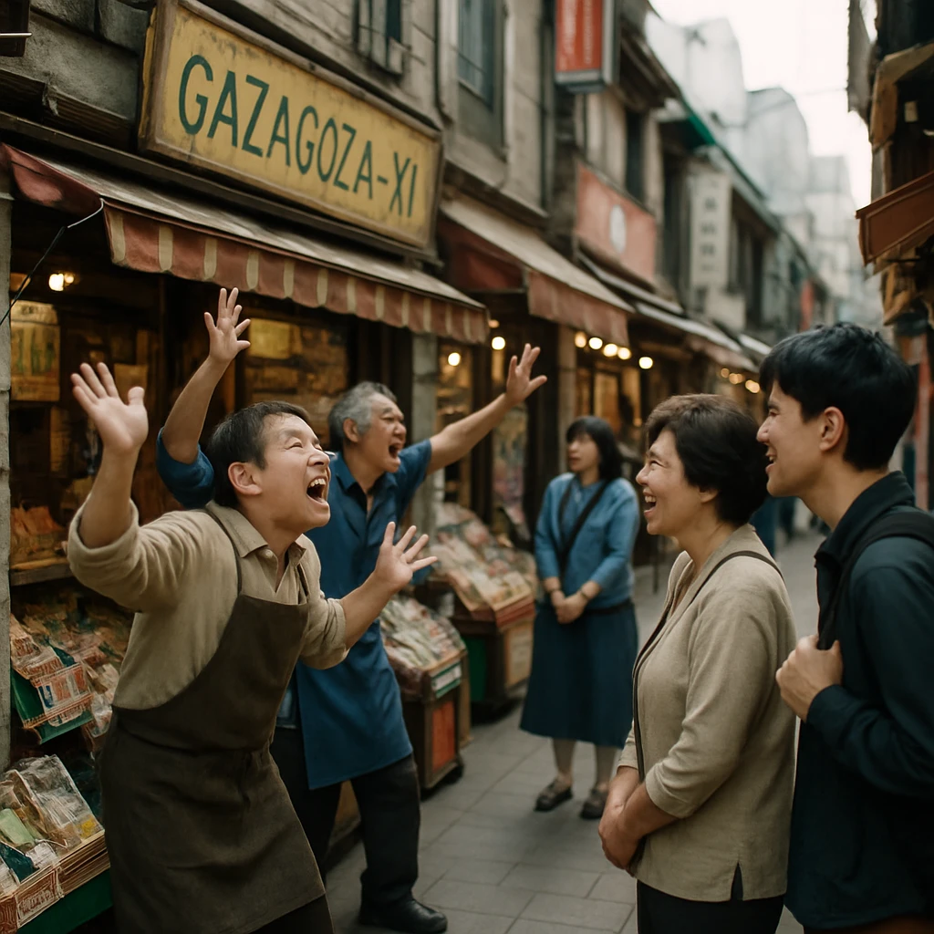 商店街で店主たちが賑やかに擬音語を叫び、通行人が足を止めて聞き入る様子の写真。