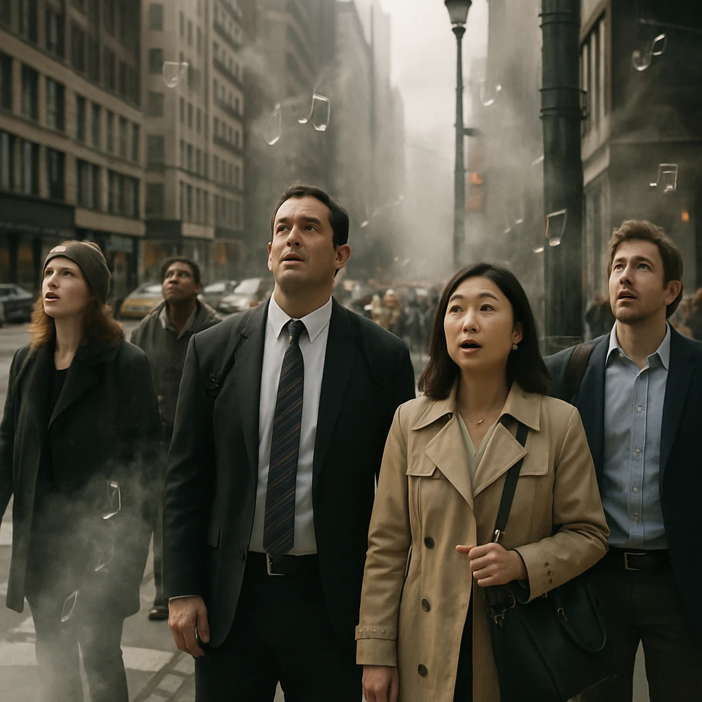 朝の通勤時間、横断歩道で立ち止まり香りや音楽に驚く都市の人々の様子を映した写真。