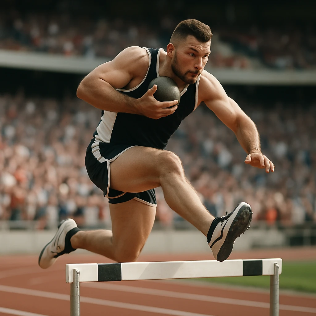 砲丸を胸に抱えながらハードルを跳び越える陸上選手の実写風写真。