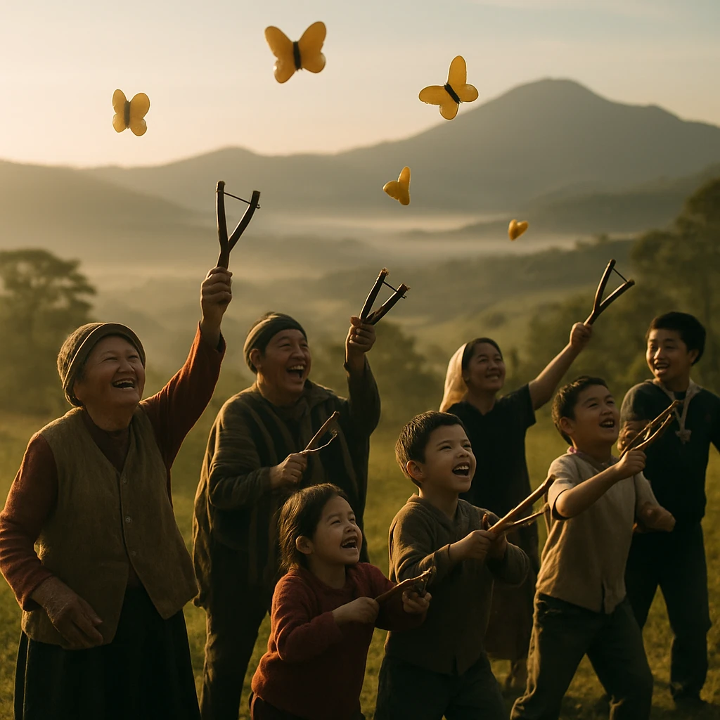 朝焼けに照らされた丘の上で、住民たちがジャガイモに翼をつけて空へ飛ばしている様子。