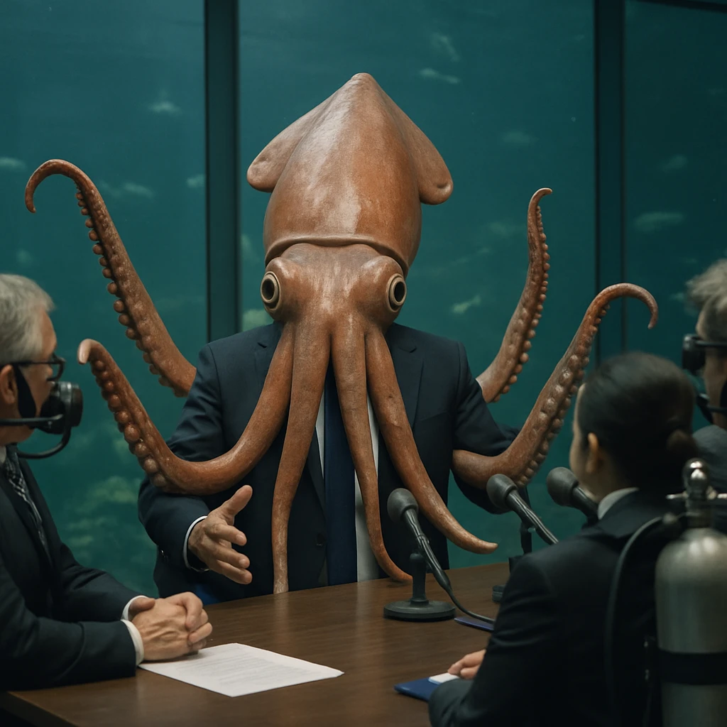 水中の会議室でビジネススーツ姿の巨大ダイオウイカが8本の腕を使いながら人間の役員たちと会見を行っている場面。