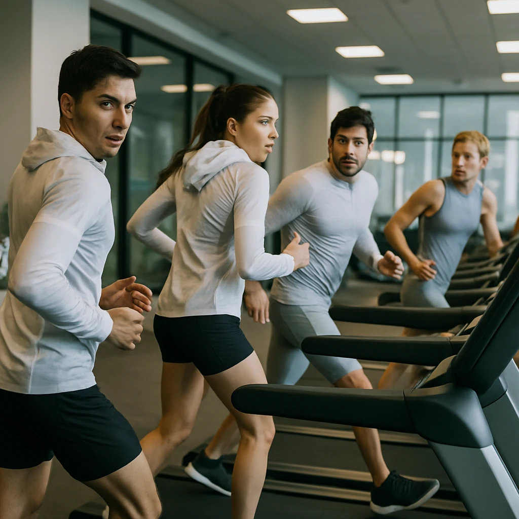 最新のジムで複数のランナーが逆走モードのランニングマシン上を真剣な表情で後ろ向きに走っている様子。
