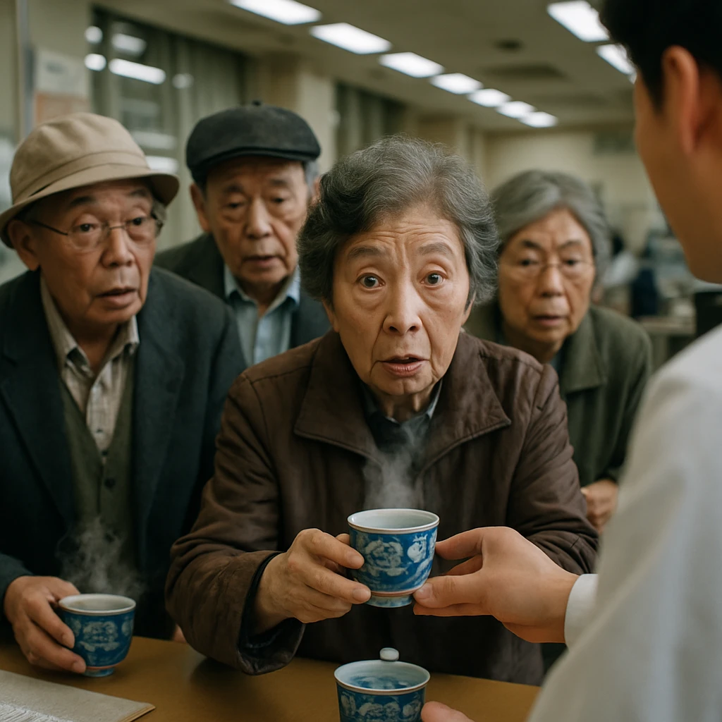 市役所のカウンターで湯呑に入った白湯を受け取る高齢者たちのリアルな写真。