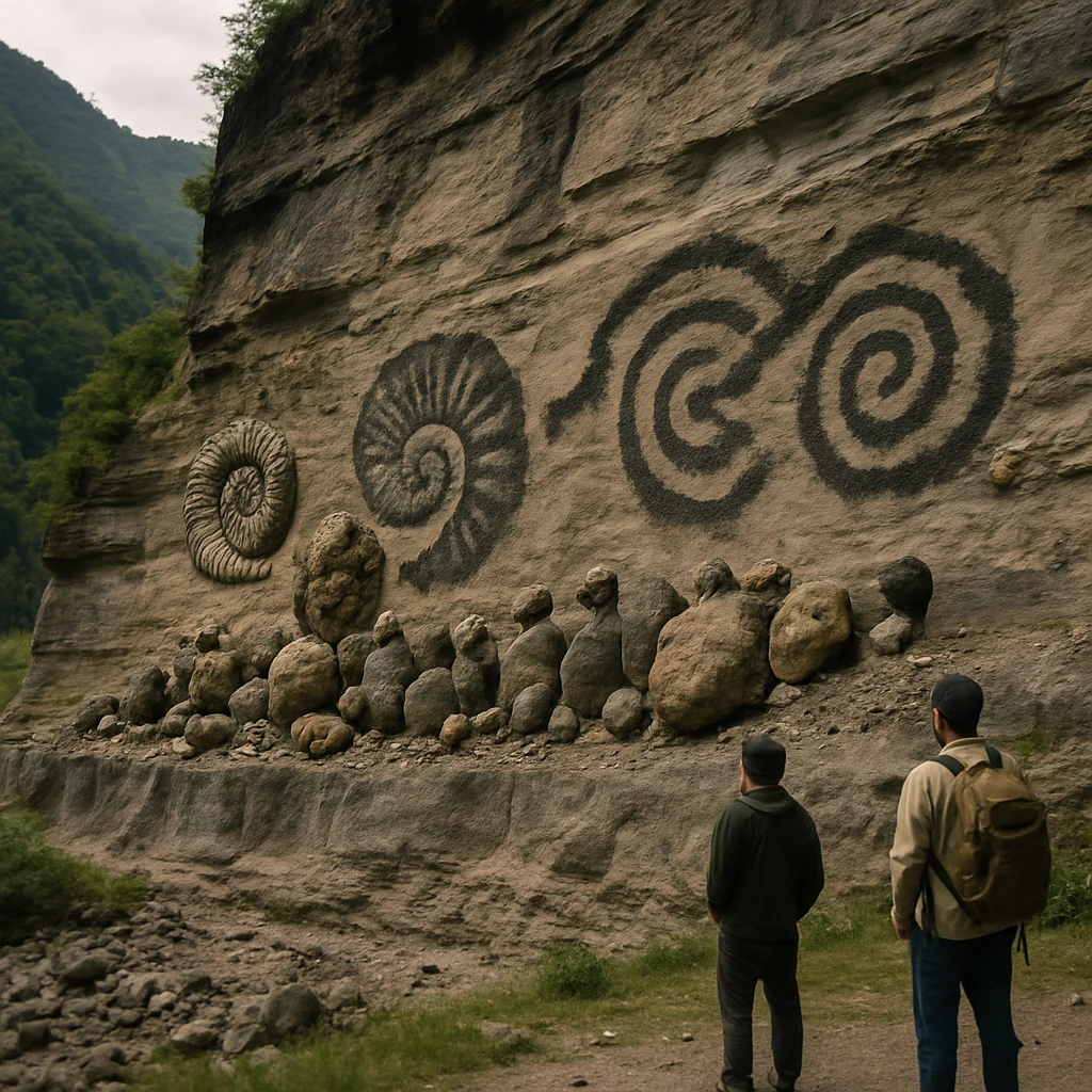 日本の渓谷で巨大なサンドアートが施された地層断面と、抗議活動をしているように見えるアンモナイト化石とレキチャートの岩塊、遠くから見守る観光客が写っている写真。