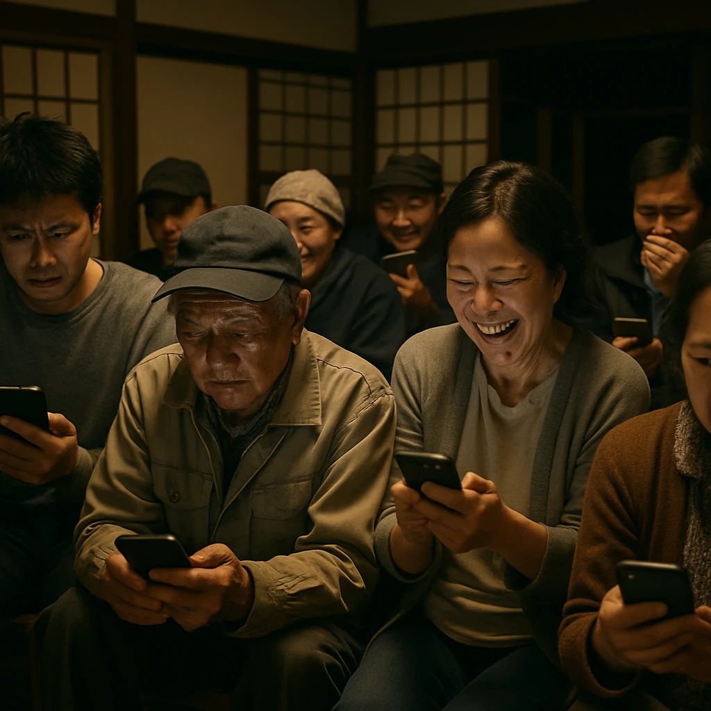 夜の和風コミュニティセンターでスマートフォンを見つめ、驚きや困惑の表情を浮かべる村人たちの実写風写真。