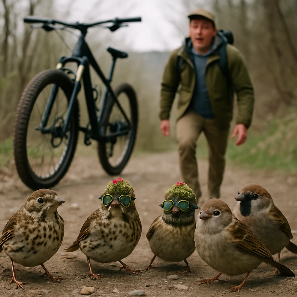 春の山道で、鳥たちが苔や木の実で作ったヘルメットやゴーグルを身につけて、マウンテンバイクと並走する様子を捉えた写真。
