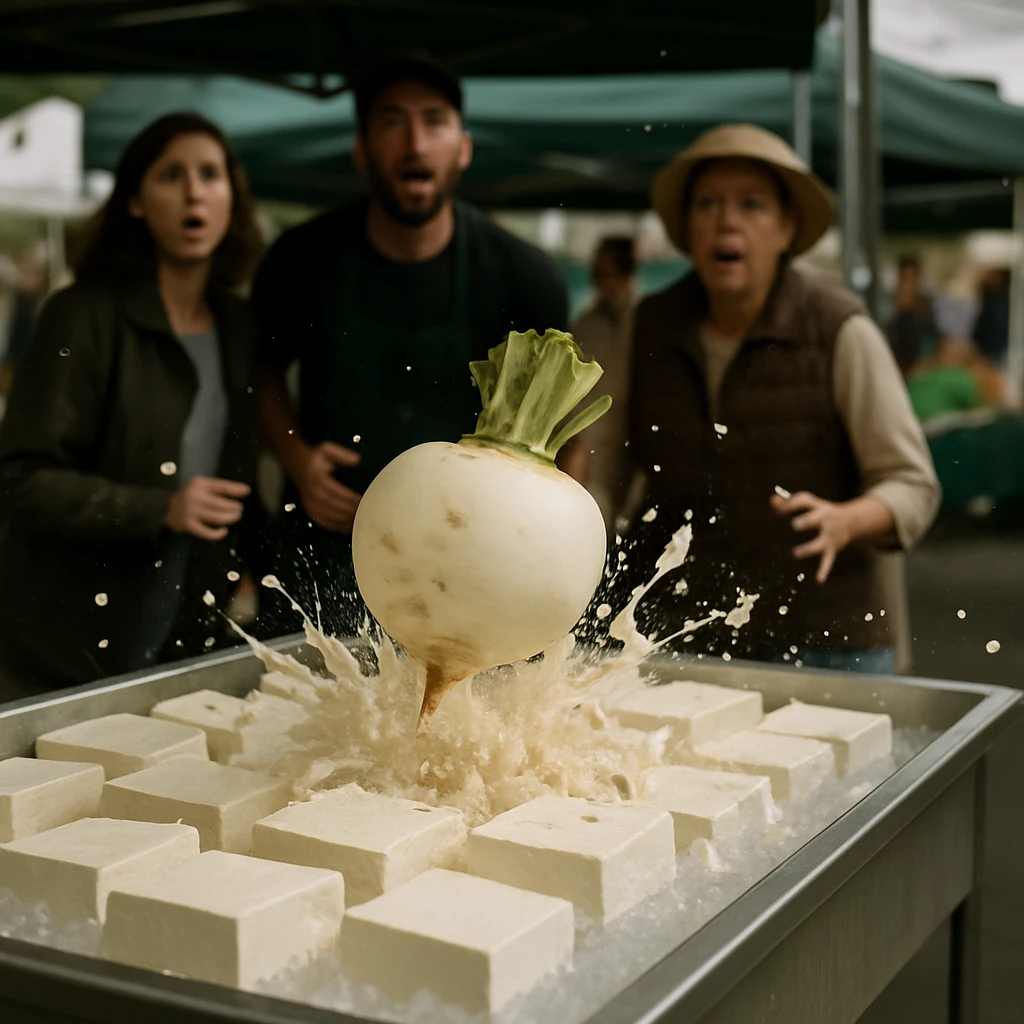 巨大なカブが空から落下し、屋外の道の駅で並べられた冷奴を直撃して豆腐が飛び散る様子をスタッフや通行客が驚いて見ている現場写真。