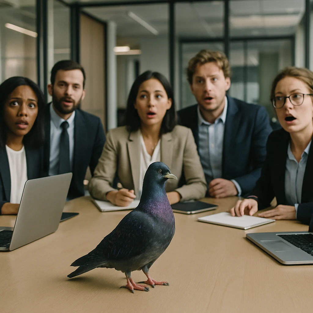 会議室のテーブル中央に宇宙風の羽を持つ1羽のハトが立ち、社員たちが驚きの表情で見つめている様子の写真。