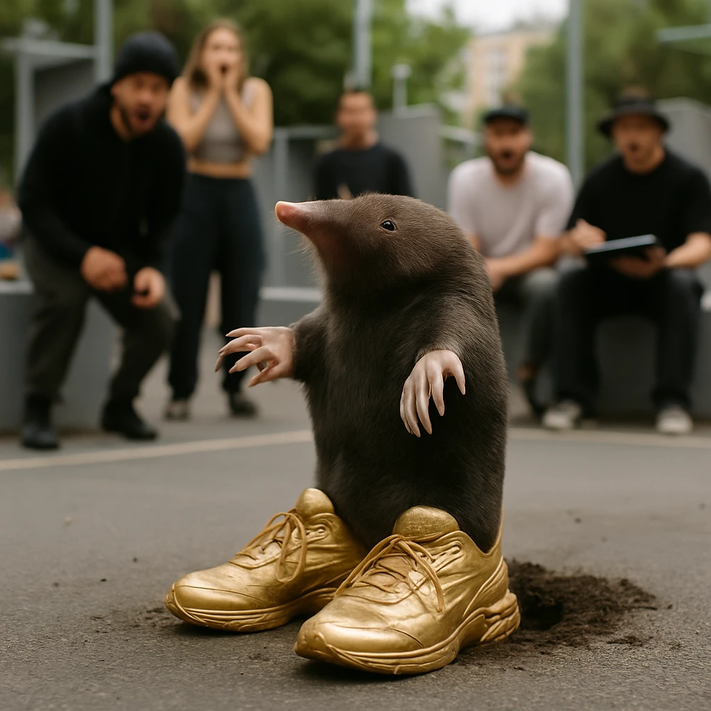 都市のパルクール競技場の中央で、金色のランニングシューズを履いたモグラが穴から立ち上がる様子を観客たちが驚いて見つめている写真。