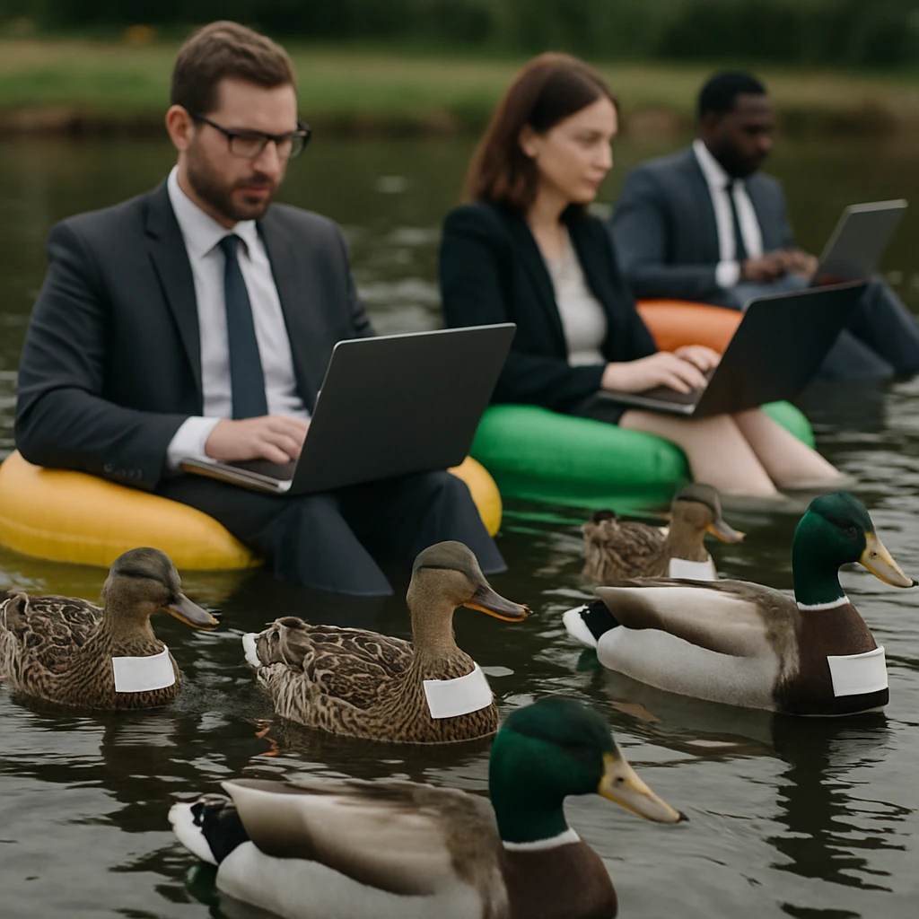 池の水面に社員証を付けたアヒルと浮き輪に乗ったビジネスパーソンがノートパソコンを使っている写真です。