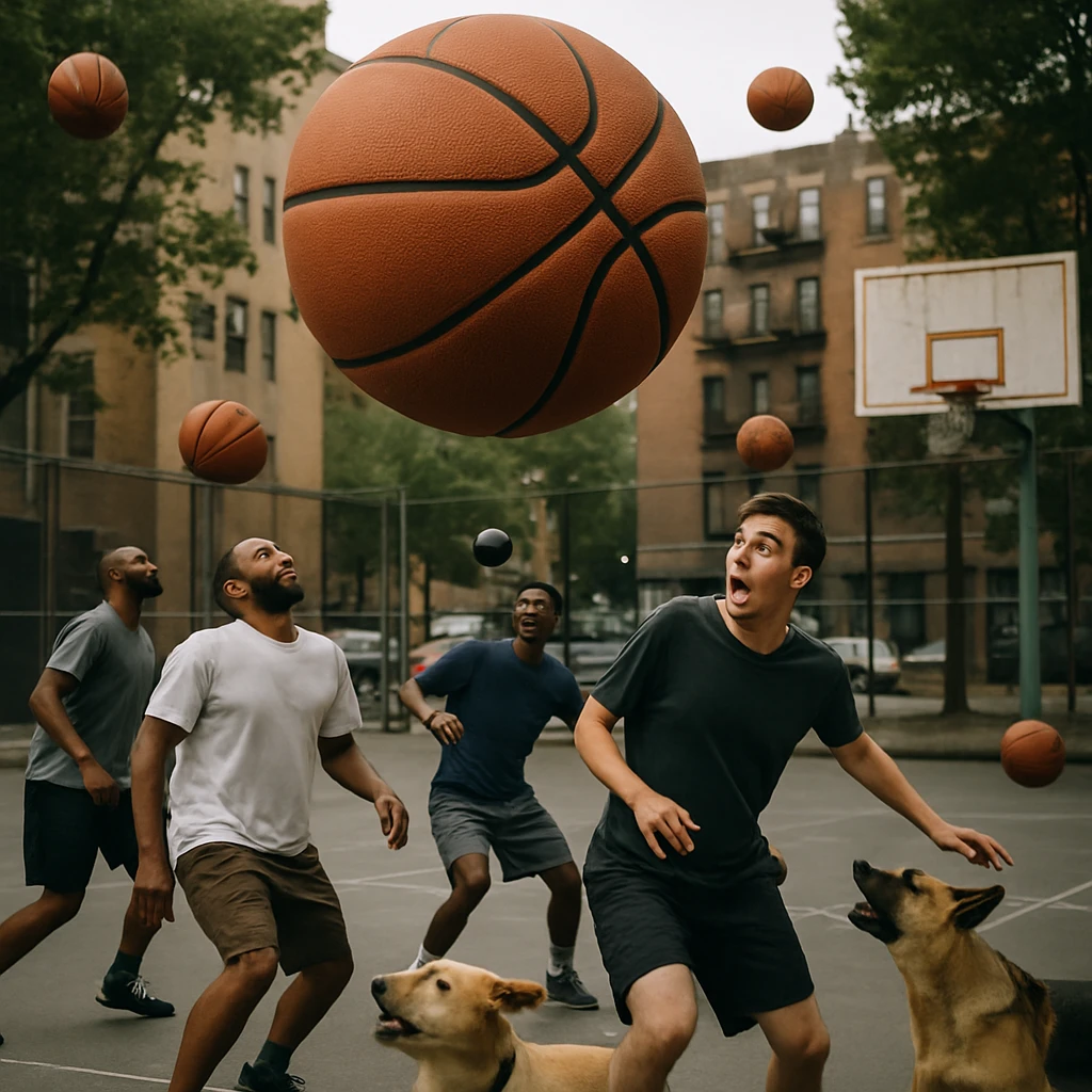巨大なバスケットボールがストリートコートに落下し、人々や犬が驚いて避けている実写写真風の一瞬。