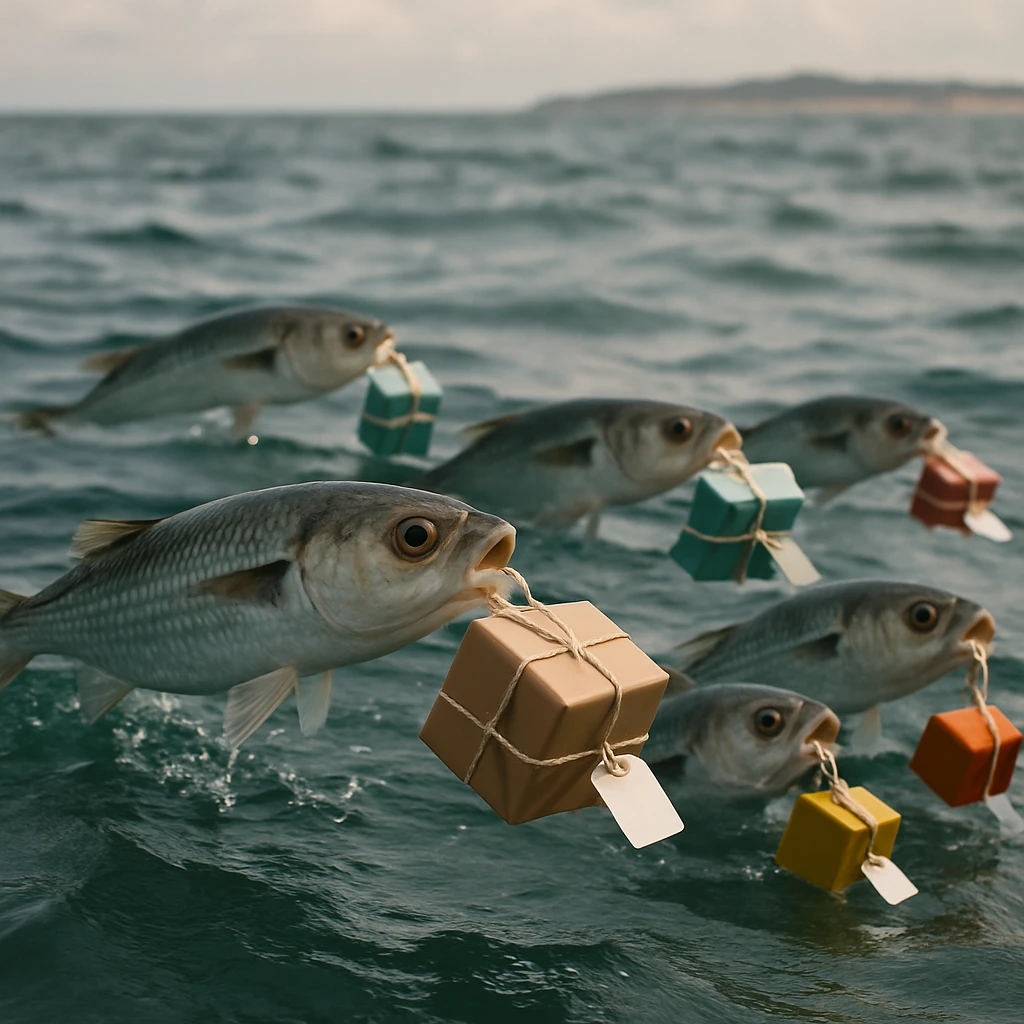魚たちが小包やタグ付きの荷物をくわえて泳いでいる海辺の様子。