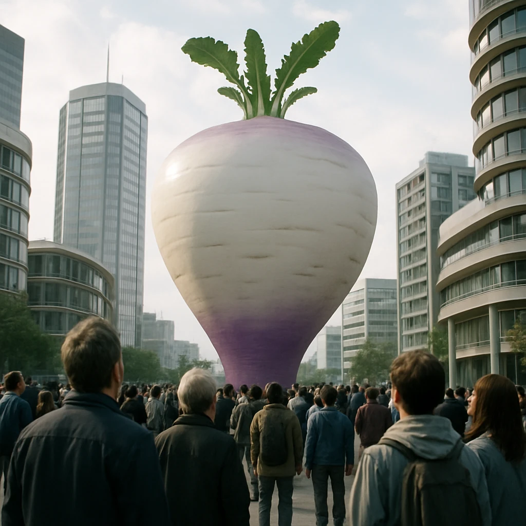 巨大な白紫色のカブ型施設を中心に住民が見上げているスマートシティ広場の様子。