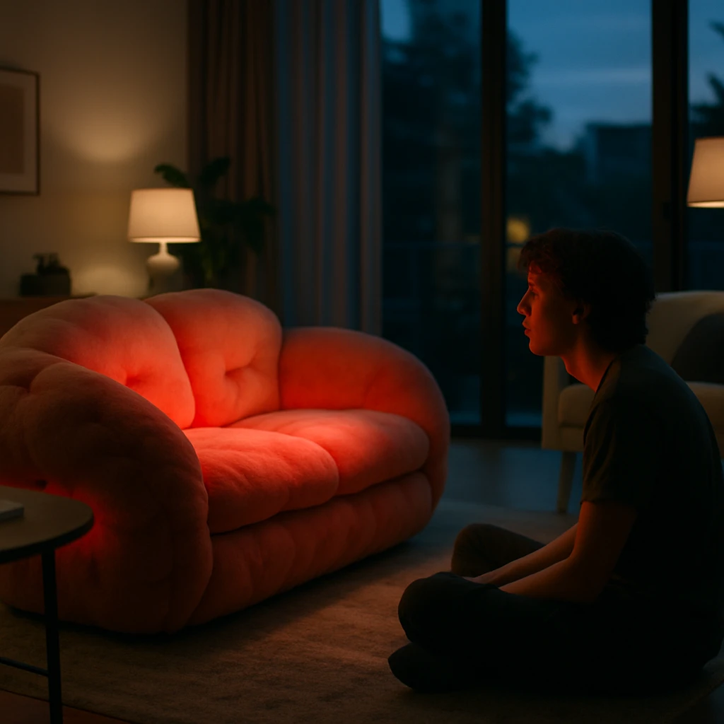 現代的なリビングで赤く発光するソファと、その前で驚いた表情の若者が座っている様子の写真です。