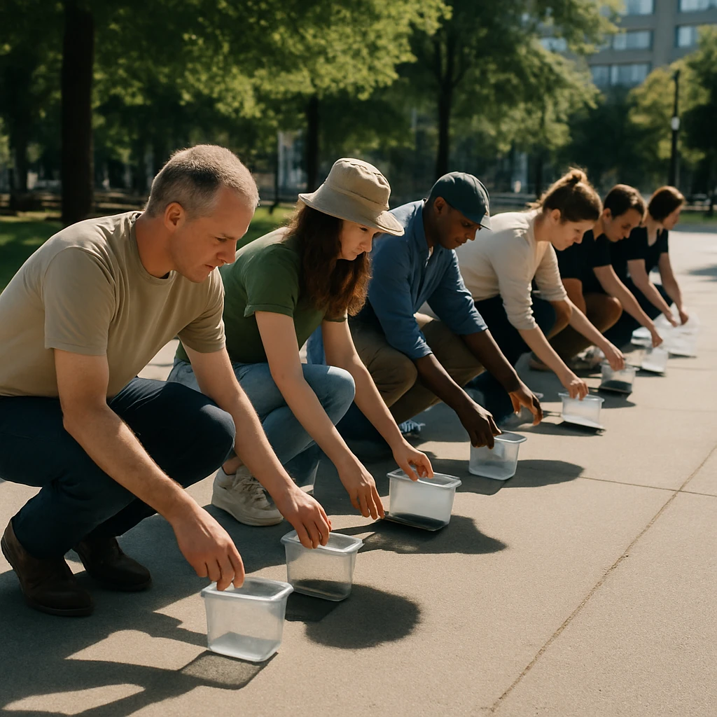 晴れた都市公園で、人々が自分の影を地面から容器に集めている様子の写真。