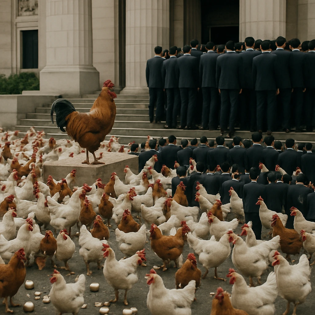 国会議事堂の玄関前で、スーツ姿の議員と多数の鶏が共に並ぶ様子。