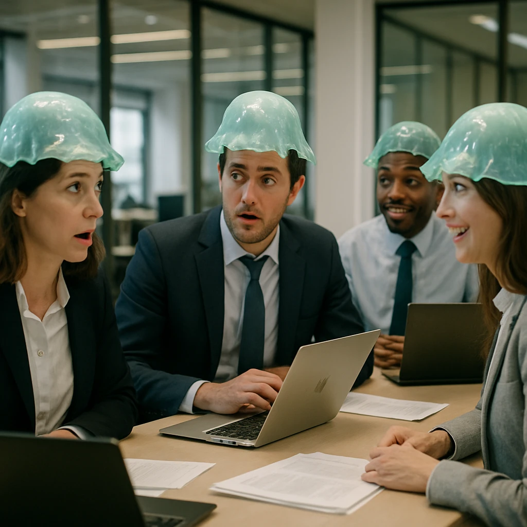 透明なゼリー状の帽子をかぶった複数のオフィスワーカーが、テーブルを囲んで座っている現代的なオフィスの風景。