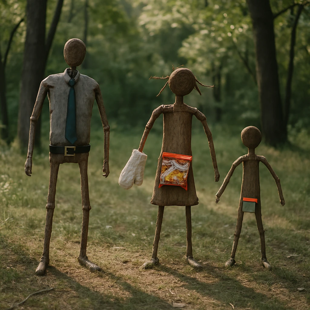 雑木林の中でベルトや消しゴムなどが使われ人間の姿を模した像が複数並ぶ様子のリアルな写真。