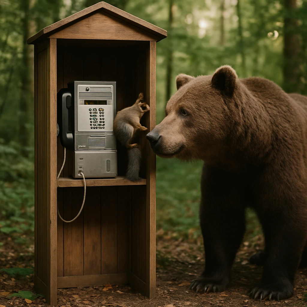 森の中に設置された木製の公衆電話の前でクマとリスが興味深そうに近づいている様子。