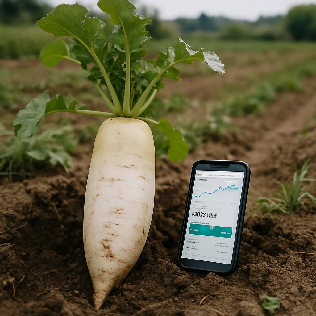 畑で大きな大根の横にスマートデバイスの画面が置かれている写真。