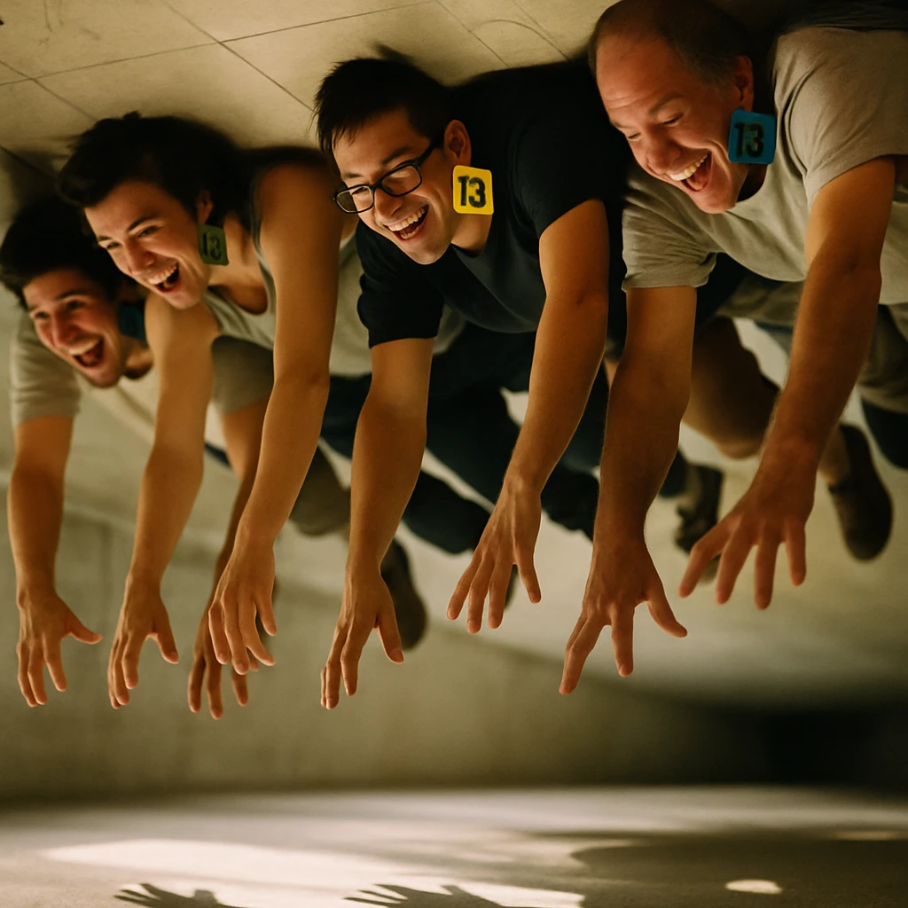 天井から逆さまにぶら下がる参加者たちがカラフルな番号札を左耳に貼り、床には浮かぶ影だけが見えるイベント会場の写真。