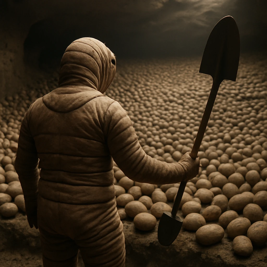 巨大な土壌空間でミミズ型スーツを着た男性がジャガイモで埋め尽くされた観客席に向き合う様子。