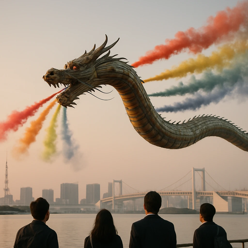 朝焼けの東京湾上空をカラフルな煙を吐きながら飛行する巨大なドラゴン型機械と、それを見上げる通勤中の人々の様子。