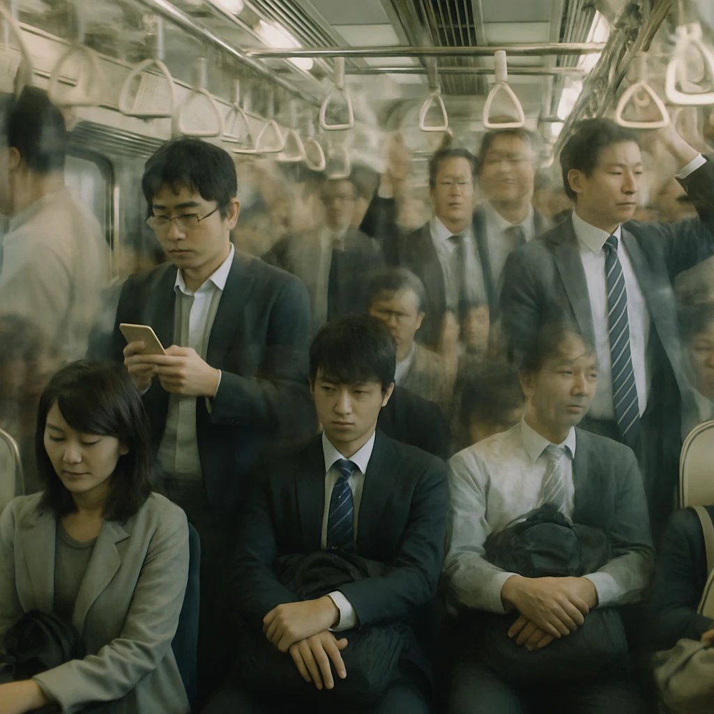 満員の地下鉄車両で乗客たちが微妙に重なり合っているように見えるリアルな光景。