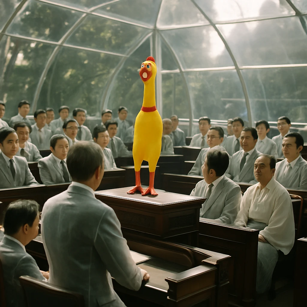 透明なアクリル製の国会議場で、議員たちが透けたタキシードや半透明の和装を着て着席し、演壇には巨大なラバーチキンが置かれている様子の写真。