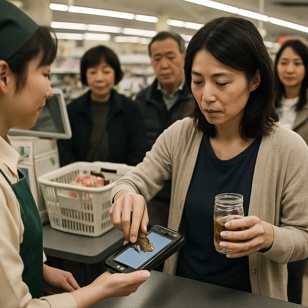 スーパーのレジで女性が瓶から取り出したおたまじゃくしを決済端末に当てている様子。