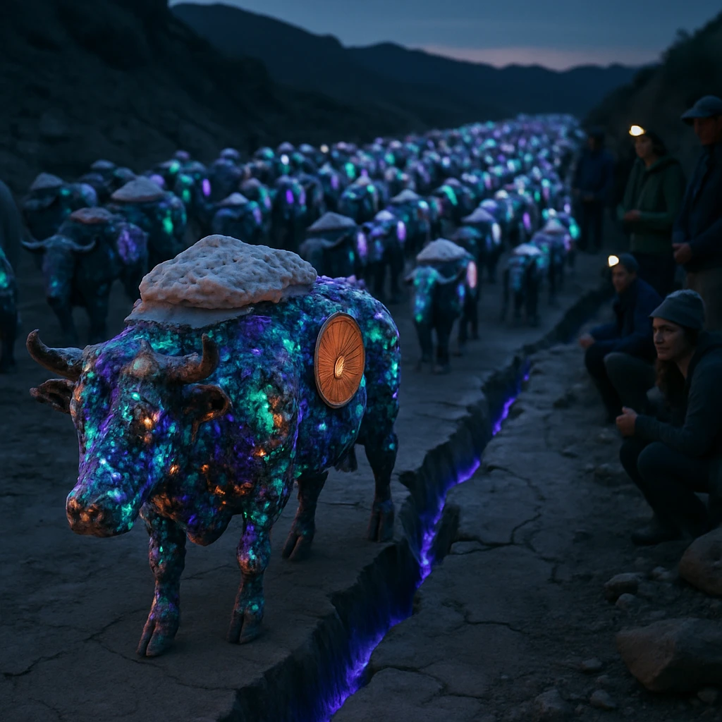 蛍光鉱物で彩られた鉱物牛の集団が岩塩キャップと化石パネルを身につけて断層線上を行進し、地質学者や鉱物ファンが見守っている様子の写真。